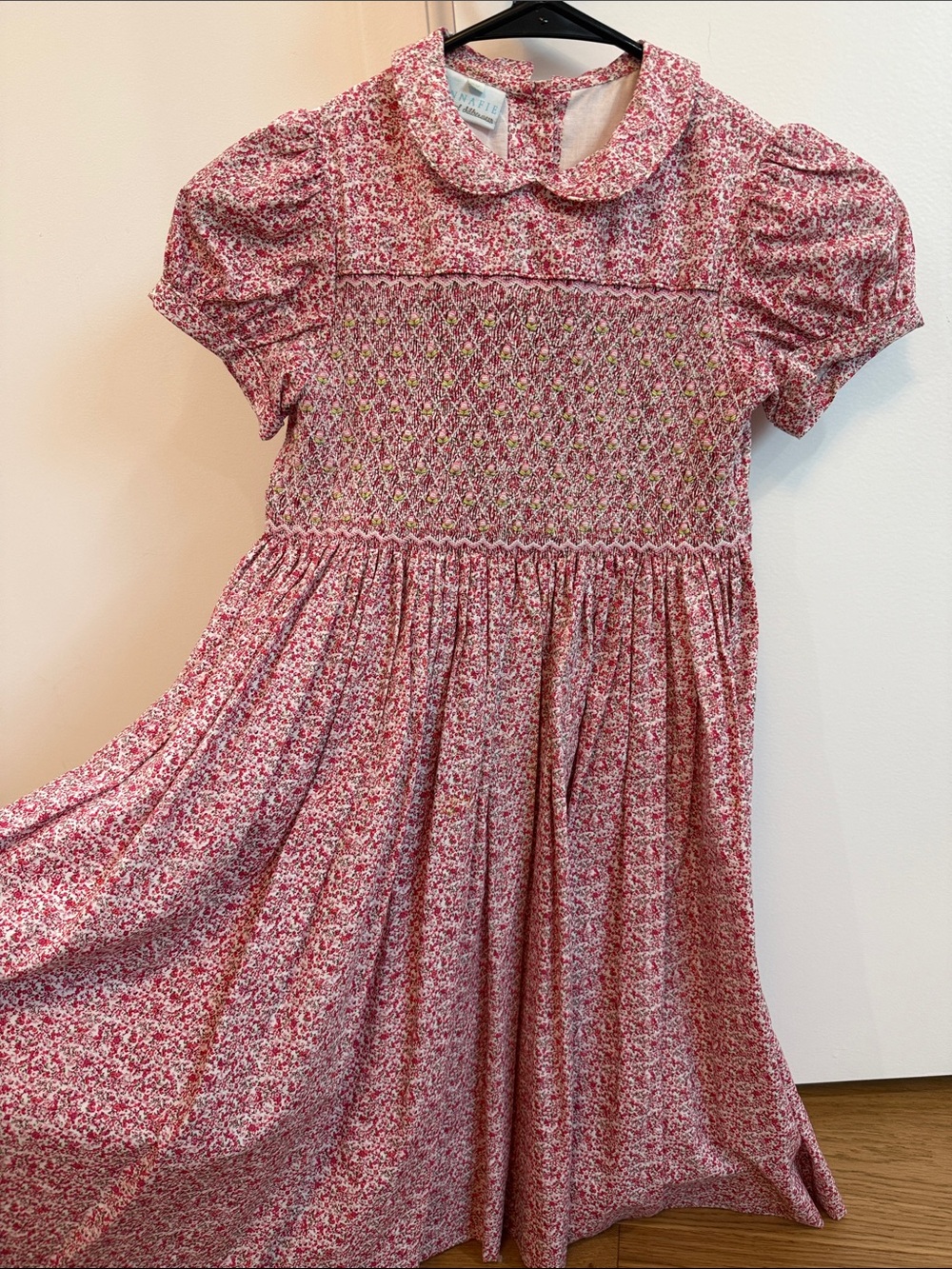 Smocked Pink Floral Girls Dress with Peter Pan Collar